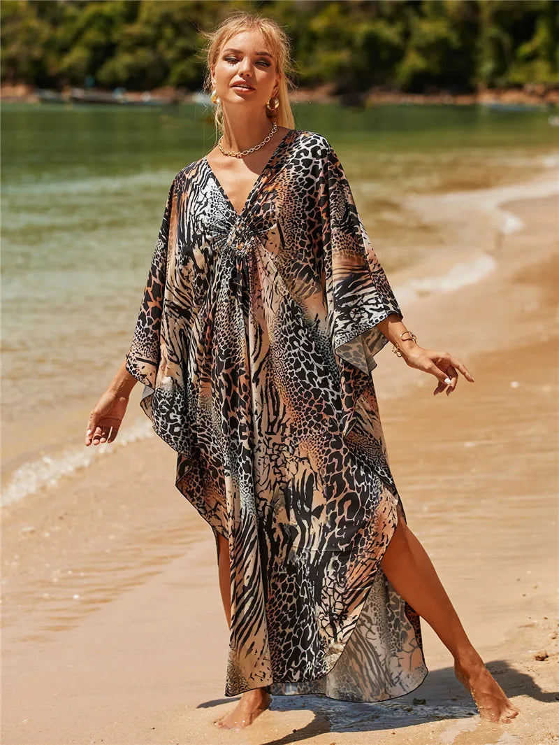 Plus Size Womens Animal Print Kaftan Dresses Caftans Swimwear Coverups Summer Bathing Suit Long Beach Dress - Matrix Studios
