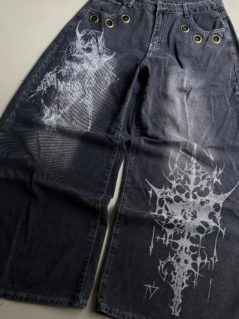 American New Fashion Oversized Pattern Printed Washed Jeans Men Y2K Gothic Rock Popular Casual Joker High Waist Wide Leg Pants - Matrix Studios