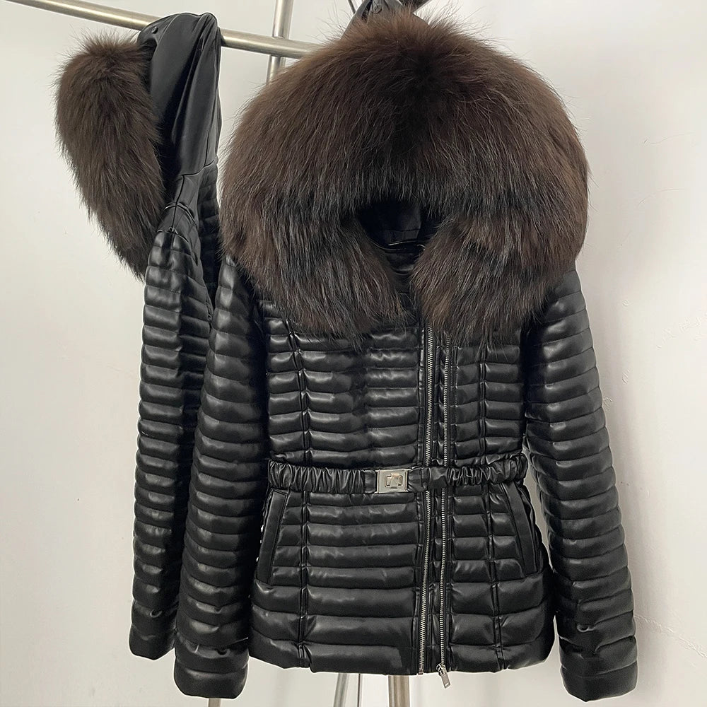 OFTBUY Winter Real Fox Fur Collar Coat Women Duck Down Jacket Female PU Leather Belted Hooded Warm Duck Down Parka Outerwear - Matrix Studios