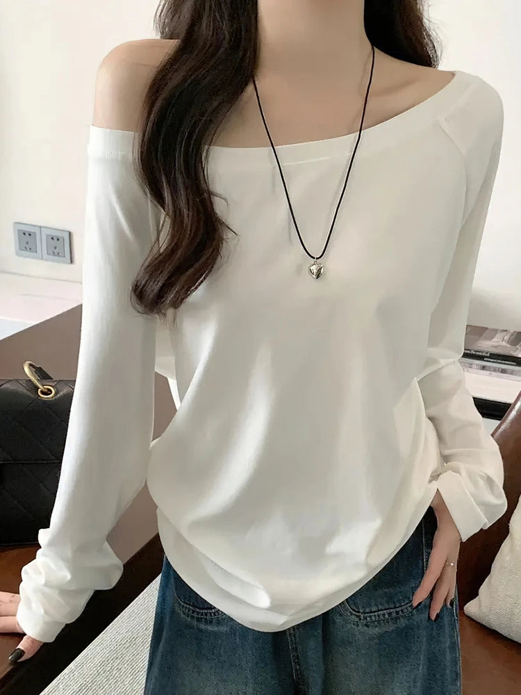 Oversize Off Shoulder Long Sleeve T Shirt Women Solid Color Casual Tops Lady Spring Autumn Basic Tees Korean Style Youth Blouses - Matrix-studios.com