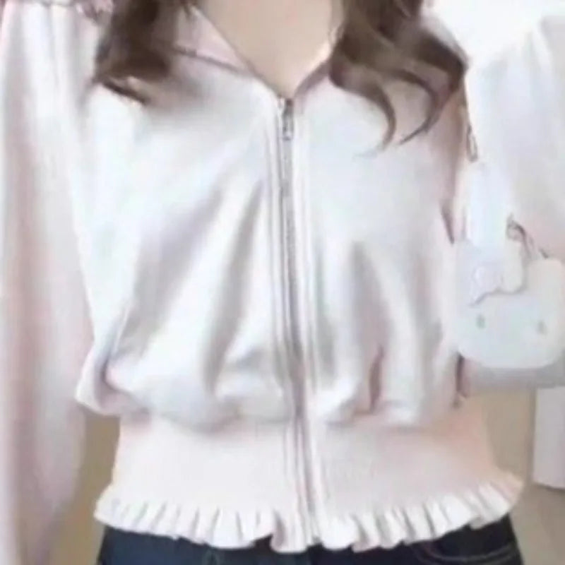 Matakawa Sweet Pink Hoodies Woman Tops Ruffles Spring Autumn Sweatshirts Korean Fashion Hooded Y2k Sudaderas Mujer - Matrix Studios
