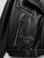 Ailegogo Women Loose Motorcycle Biker Black Pu Faux Leather Jacket with Belt Spring Autumn Female Zipper Coat Outwear - Matrix Studios