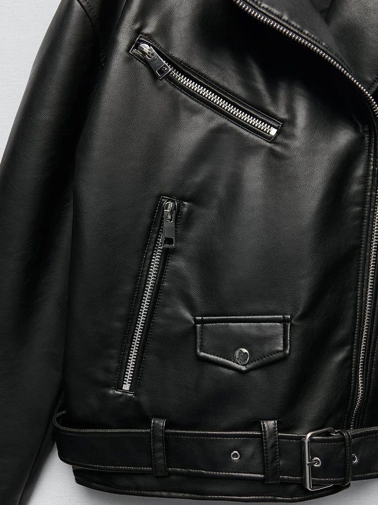 Ailegogo Women Loose Motorcycle Biker Black Pu Faux Leather Jacket with Belt Spring Autumn Female Zipper Coat Outwear - Matrix Studios