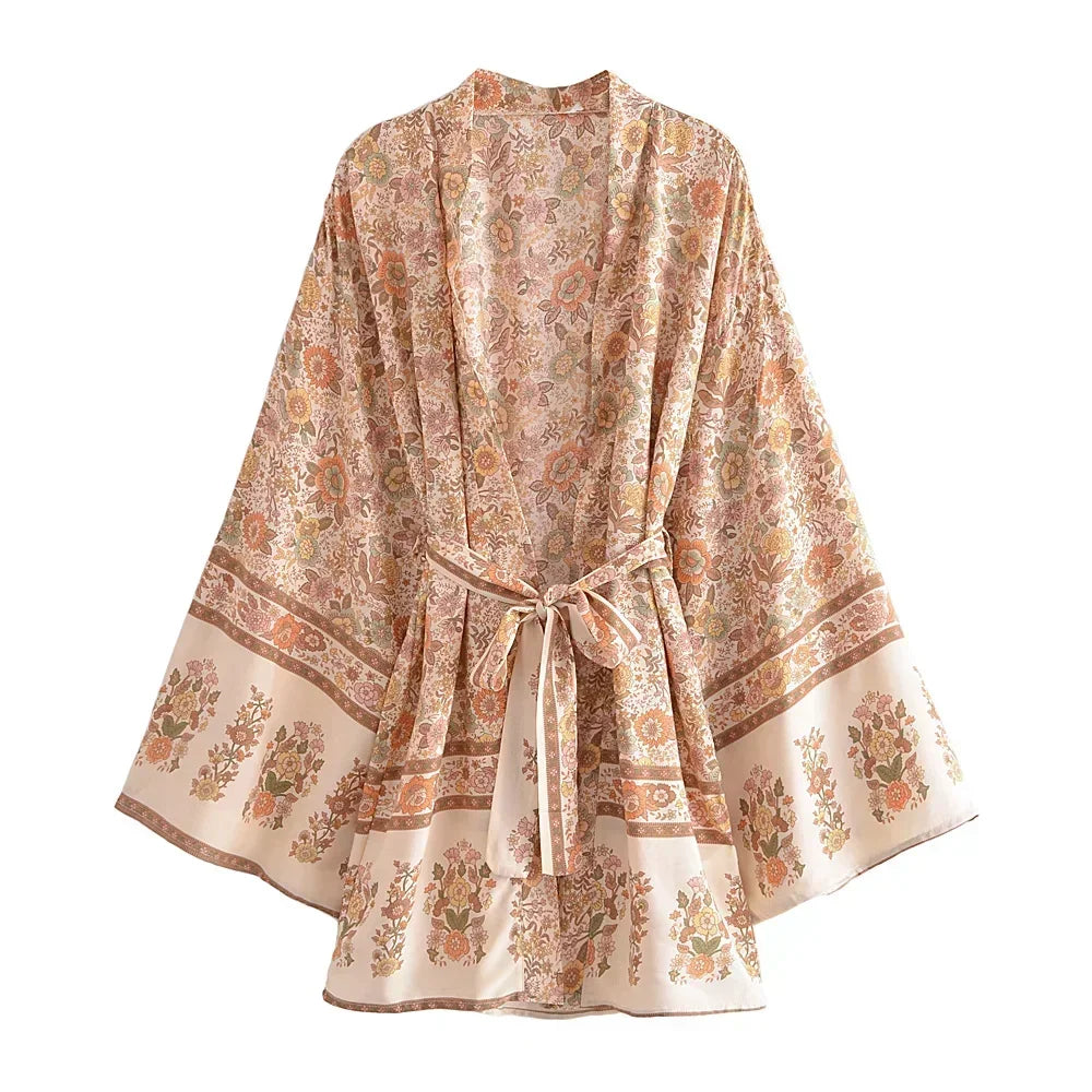 Happie Queens Women Floral Print Sashes Bat Sleeve Beach Bohemian Kimono Dresses Ladies V Neck  Summer Bikini Boho Cover-ups - Matrix Studios