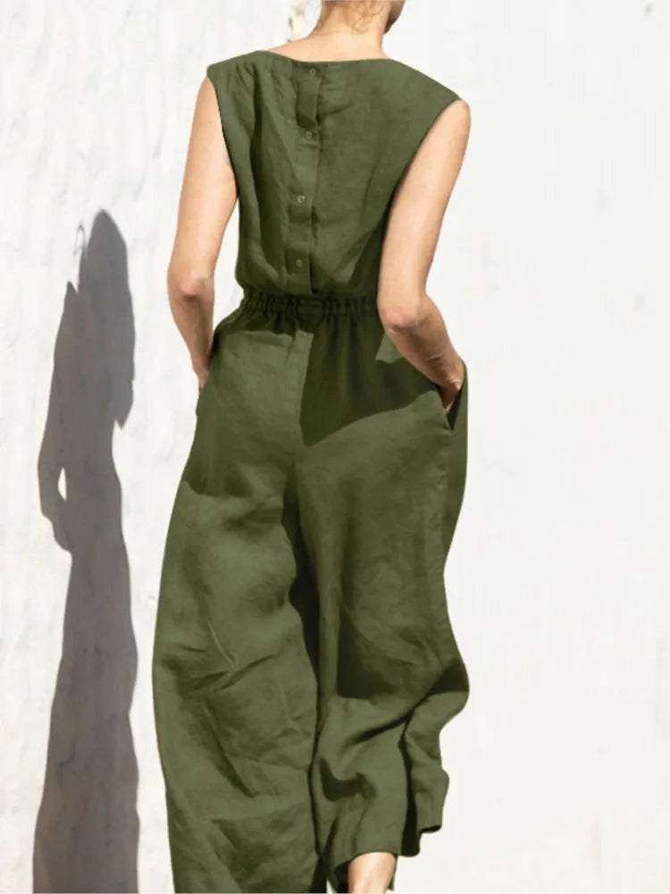 Cotton And Linen Jumpsuit Women Solid Color Sleeveless Pocket High Waist Wide Legs Jumpsuits Casual Commuting Ladies Bodysuits - Matrix Studios