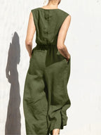 Cotton And Linen Jumpsuit Women Solid Color Sleeveless Pocket High Waist Wide Legs Jumpsuits Casual Commuting Ladies Bodysuits - Matrix Studios