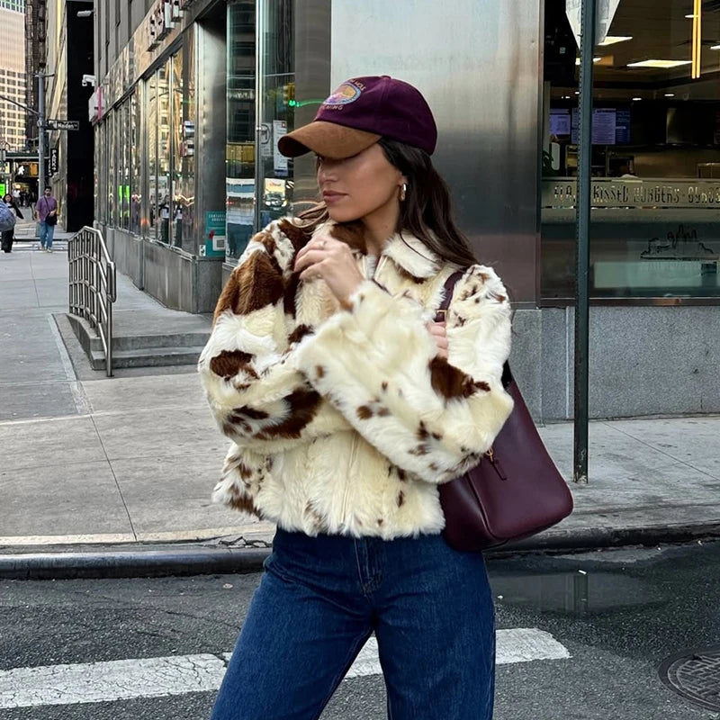 Neo Mint Chic Street Girls Cow Print Fur Coat Women 2025 Winter New Brand Fashion Warm Faux Fur Jacket Autumn Iconic Streetwear - Matrix Studios