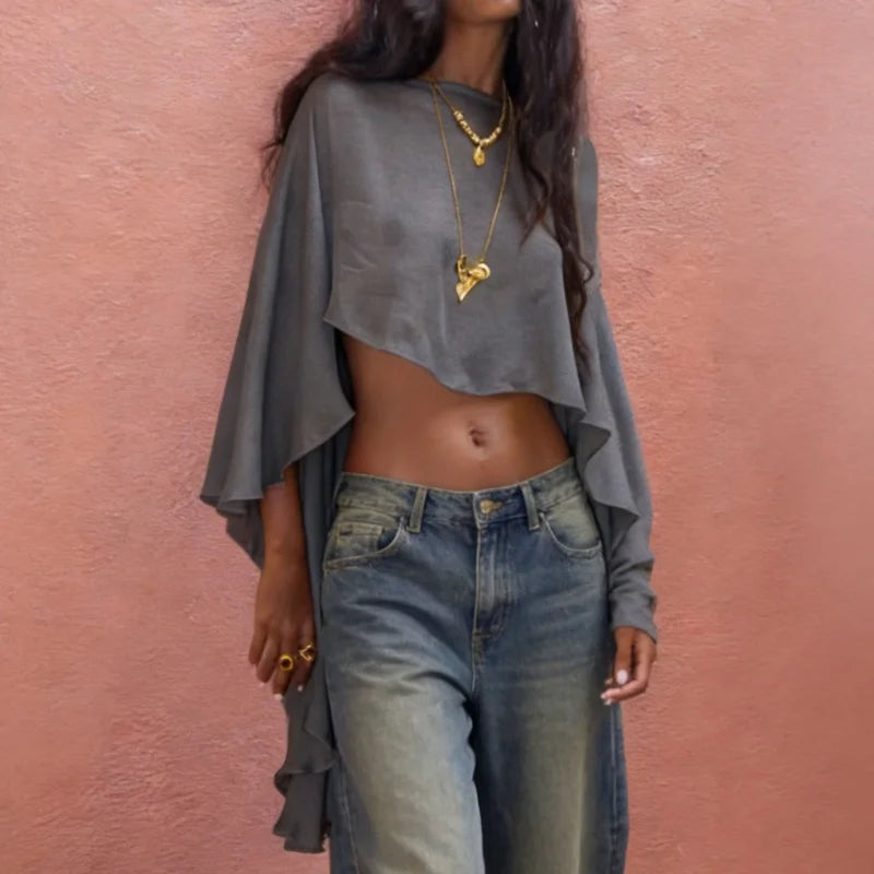 Women Chiffon Capelets Sheer Mesh Shawl Wraps Asymmetrical Ruffle Hem Flowy Poncho Top for Evening Clothes - Matrix Studios