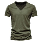 Brand Quality 100% Cotton Men T-shirt V-neck Fashion Design Slim Fit Soild Male Tops Tees Short Sleeve - Matrix Studios