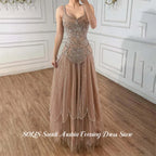 SOLIS Champagne Prom Dresses Spaghetti Strap Gala Dresses Sleeveless Saudi Arabic Glitter Sequin Evening Party Gown Customized - Matrix Studios