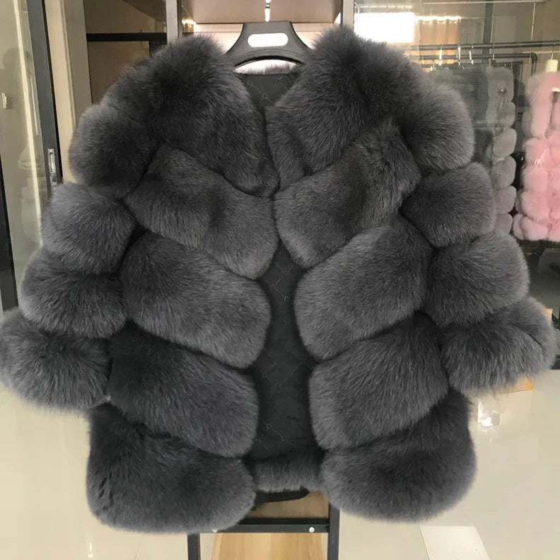 QUEENTINA  Natural Fox Fur Coats Fashion New Women's Very Warm And Stylish Jacket Vest Stand Collar Leather Coat Women Winter - Matrix Studios
