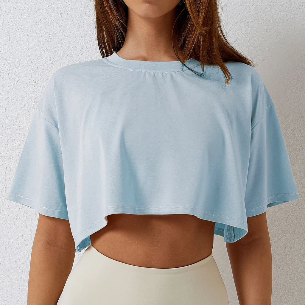Cotton Women Short Sleeve Dance Running Clothes Yoga Fitness Crop Top  Navel Baring New Sport T-shirt Loose Gym Workout Shirts - Matrix-studios.com