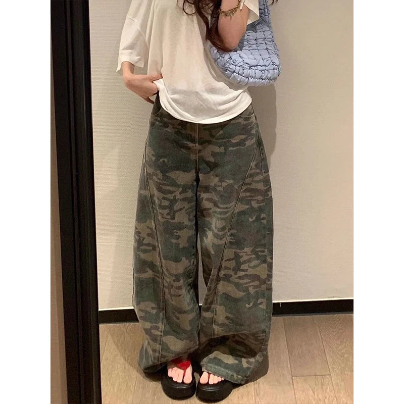 Womens Military Green Jeans High Waist Vintage Straight Baggy Hip Hop American Fashion Wide Leg Denim Trouser Y2K Denim Pants - Matrix-studios.com