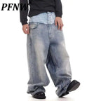 PFNW Niche Colorblock Patchwork Wide Leg Blue Jeans Men's Spring 2025 New Straight Double Waist Design Denim Trousers 28W6048 - Matrix Studios