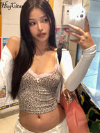 Hugcitar Leopard Print Slips Bows Patchwork Lace Sexy Slim Crop Camis Top Summer Fashion Women Y2K Outfits Festival Party - Matrix-studios.com