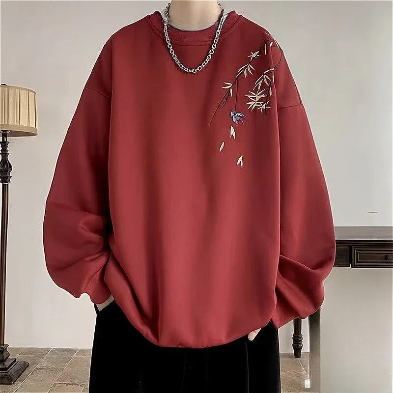 New Chinese Bird Print M-8XL Men Oversized Sweatshirt Fashion Loose Long Sleeve Couple Clothes - Matrix Studios
