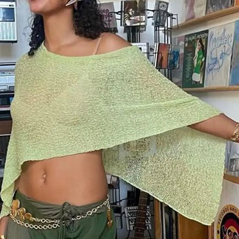 Combhasaki Women Knitwear Bikini Cover-up See-through Solid Off Shoulder Irregular Triangle Hem Loose Pullover Summer Beach Tops - Matrix Studios