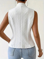Women's Elegant V-Neck Sleeveless Blazer Vest Solid White Textured Button-Down Slim Fit Waistcoat Top - Matrix Studios