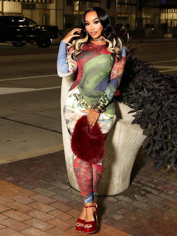 Sisterlinda Hip Jumpsuits Woman Hot Girls Colorful Print Autumn Trend o-Neck Full Sleeve Skinny Street Sexy Fashion Overalls - Matrix Studios