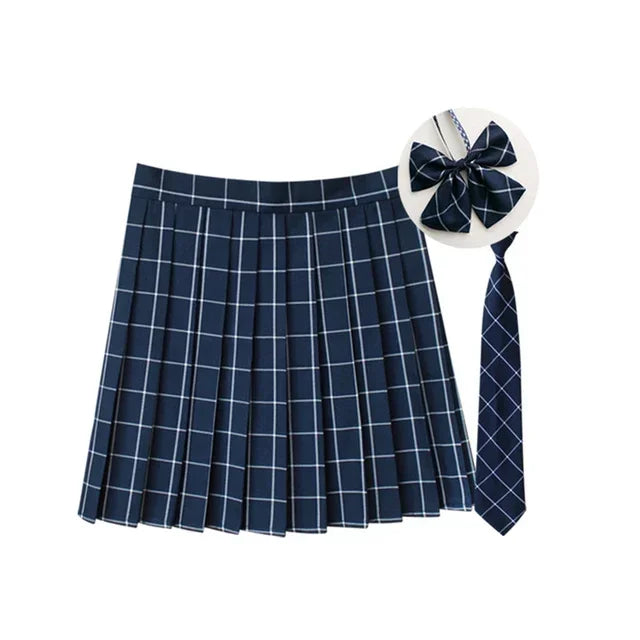 Women Summer Plaid Pleated Skirt With Necktie Bowtie Korean Jk Skirt Uniform Japanese School Preppy A Line Mini Skirts - Matrix-studios.com