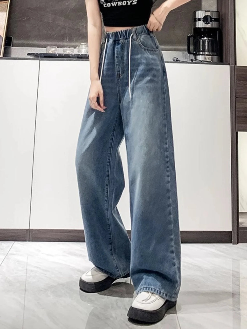 Loose Fit High Waist Wide Leg Jeans Women plus Size Light Blue Elastic Waist Dstring Trousers Autumn Faion plus Size - Matrix-studios.com