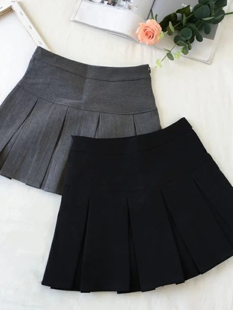 ZOKI Vintage Gray Pleated Skirt Women Kawaii High Waist Mini Skirts Korean Fashion School Uniform Harajuku Streetwear Spring - Matrix-studios.com