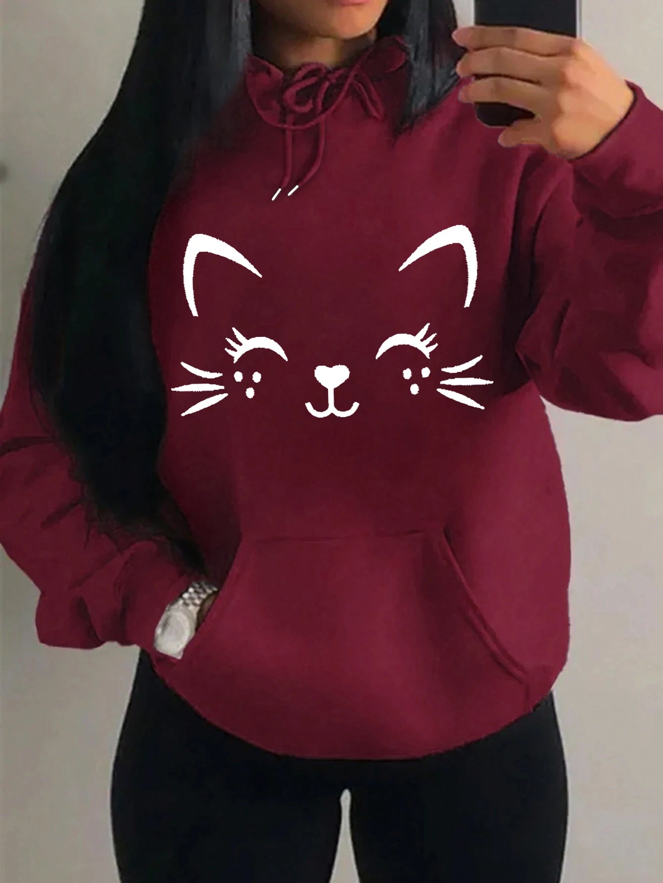 Simple Word Cat Happy Pattern Women Hoodies Fashion Casual Streetwear Personality Hip Hop Hoodie Trendy Fleece Pulloverar