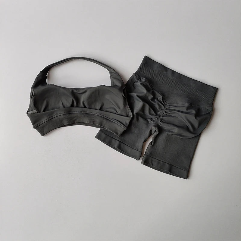 Sexy Halter Neck Beautiful Back High Waist Peach Sports Bras Shorts Suit Pilates Gathering Yoga Vest Training Fitness Bra Sets - Matrix-studios.com