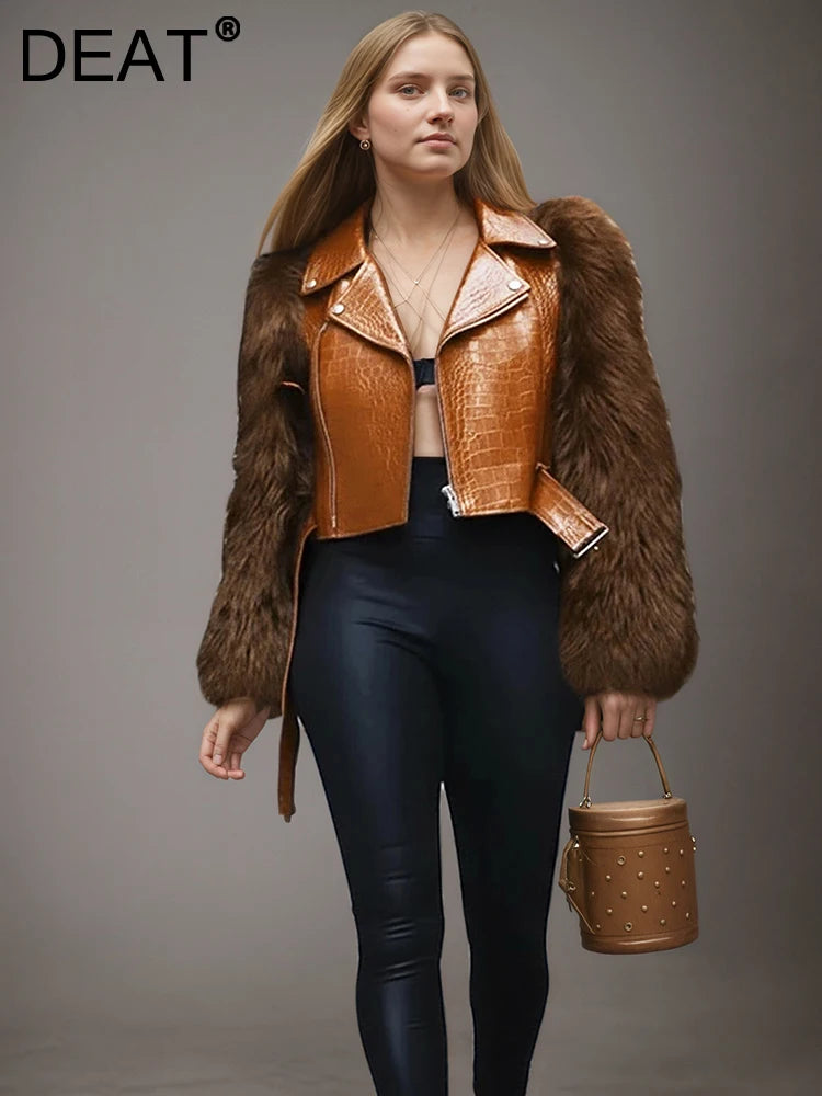 DEAT Fashion Faux Fur Patchwork PU Leather Motorcycle Jacket  Women's Lapel Zipper Sahses Short Jacket Autumn Winter New 7A2267 - Matrix Studios
