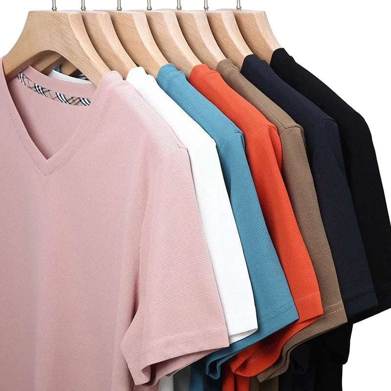 2026 Men's New Waffle V Neck Short Sleeved T-shirt Summer Comfortable Top - Matrix Studios