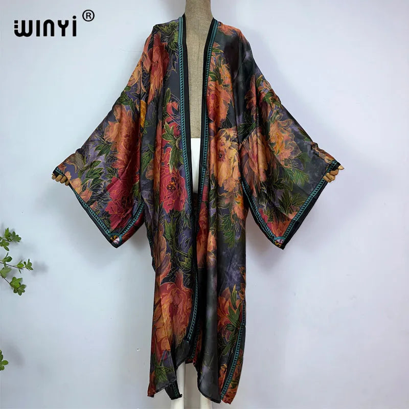 WINYI Summer New Fashion Print Women Cardigan Loose Long Dress Elegant Party Boho Maxi Beach Holiday Cover Up Kimonos Kaftan - Matrix Studios