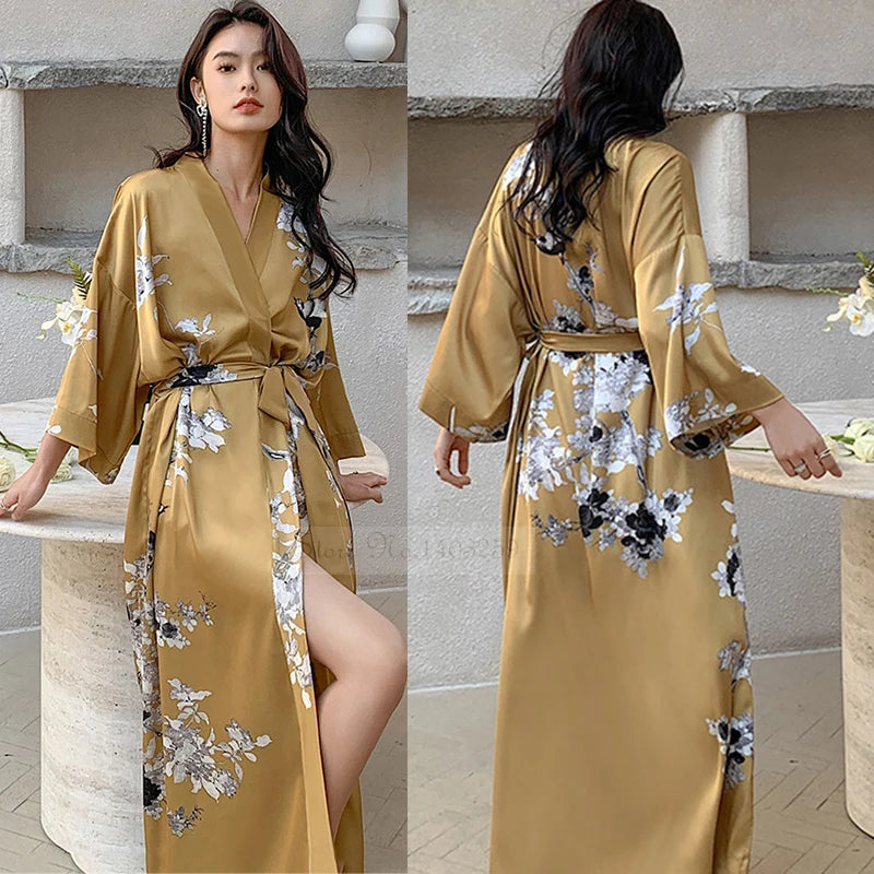 Print Flower Long Kimono Bathrobe Gown Sexy Women Half Sleeve Wedding Robe Nightgown Spring Summer Rayon Home Dress Sleepwear - Matrix-studios.com