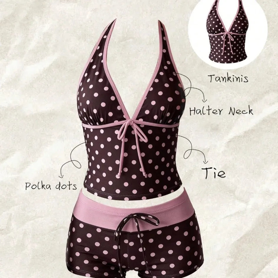 Kawaii Pink Dot Bikini Shorts Bowknot Halter Backless Swimsuit Deep V Swimwear Women's Bikinis and Tankinis Vacation Outfit Sets - Matrix-studios.com