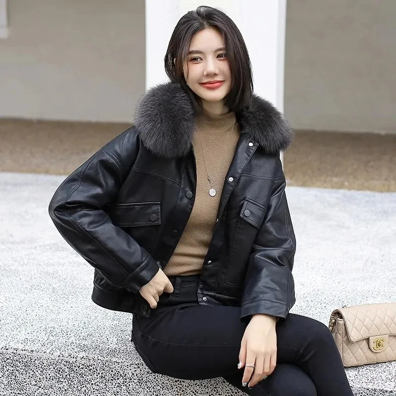 Winter Leather Jacket Women Short Coat Fleece Lining Thicken Warm PU Outerwear Rabbit Fur Jackets Ladies Velvet Tops Loose Coats - Matrix Studios