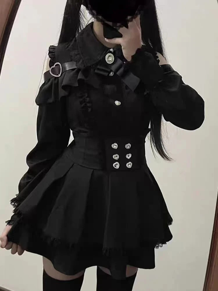 Harajuku Sweet Bow Black Plaid Dresses All-match Slim Fit Kawaii Lolita Dress for Women Autumn New Long Sleeve Vestidos De Mujer - Matrix-studios.com
