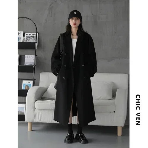 CHIC VEN Women Long Double-sided Woolen Coats Retro Loose Female Overcoat Double Breasted Ladies Windbreak Autumn Winter 2026 - Matrix-studios.com