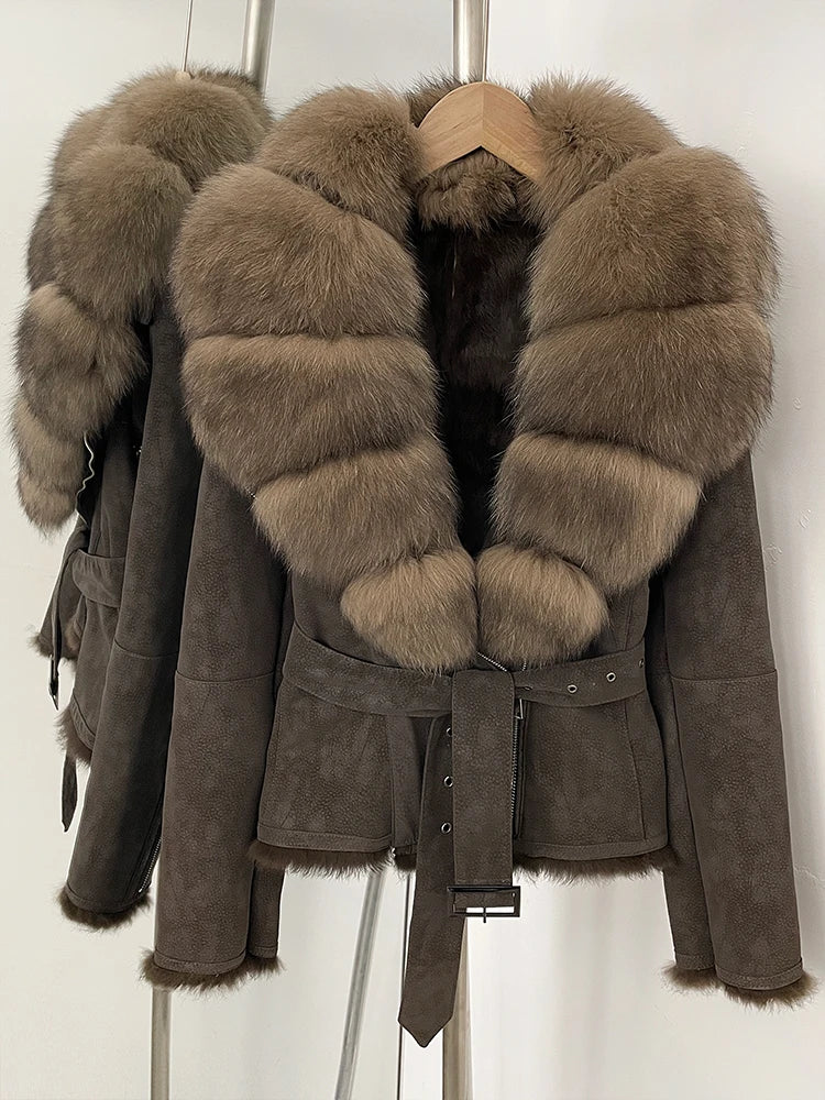 OFTBUY New Autumn Winter Real Fox Fur Collar Clothes Female Belt Suede Jacket Women Thick Warm Natural Rabbit Fur Lining Coat - Matrix Studios