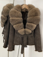 OFTBUY New Autumn Winter Real Fox Fur Collar Clothes Female Belt Suede Jacket Women Thick Warm Natural Rabbit Fur Lining Coat - Matrix Studios