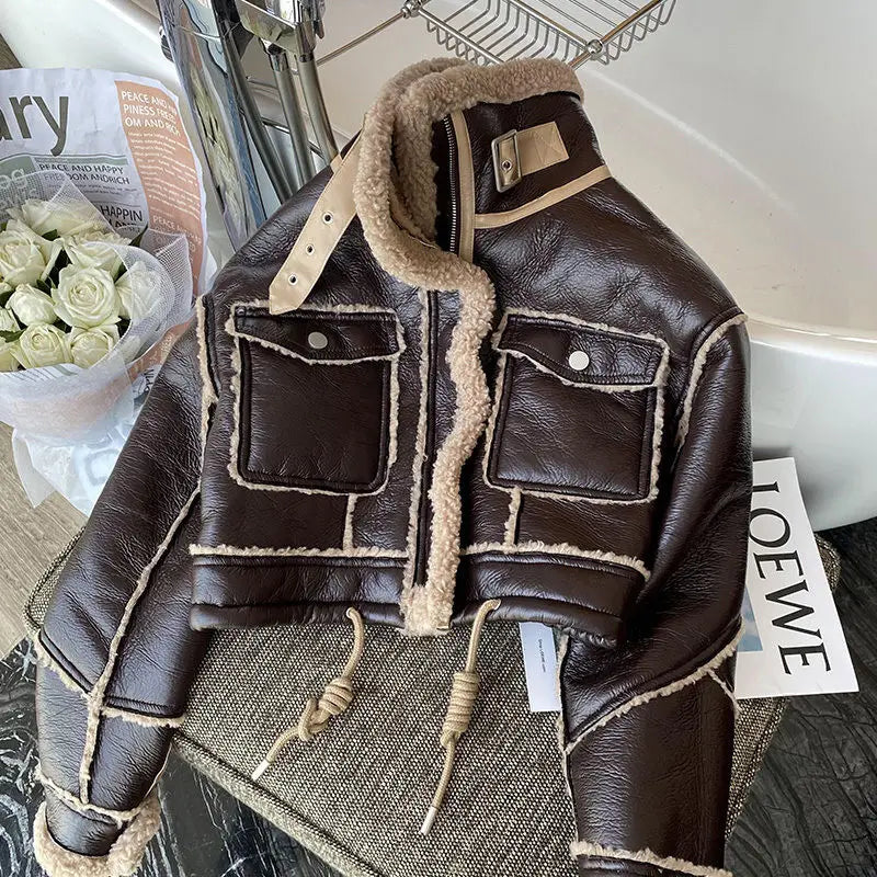 Black Lambswool Jacket Winter Thickened Plus Velvet Motorcycle Faux Leather Stitching Coat PU Plush Cardigan Stand Collar Tops - Matrix Studios
