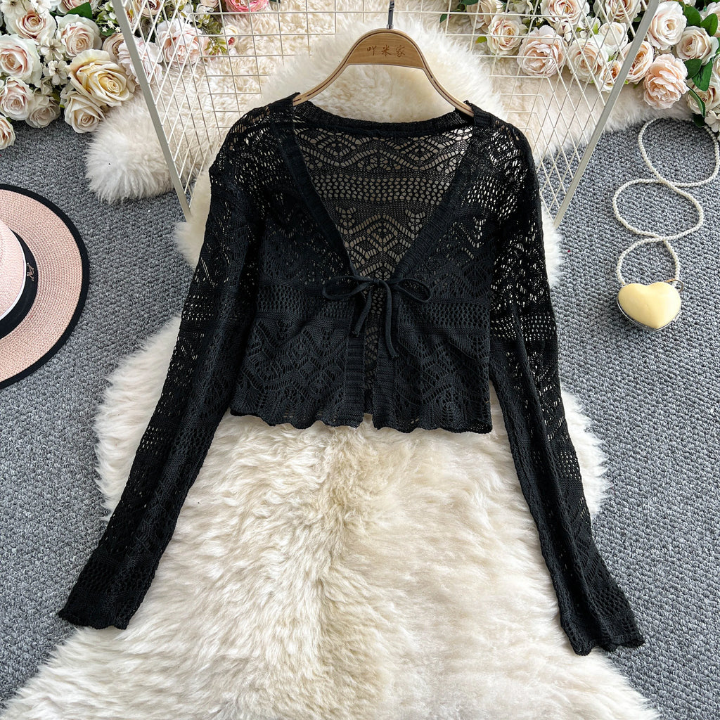 Women Tie Front Crop Cardigan Sheer Openwork Crochet Knit Top Lightweight Bolero Sweater Summer Fairycore Boho Chic Beach Outfit - Matrix Studios
