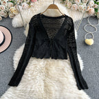 Women Tie Front Crop Cardigan Sheer Openwork Crochet Knit Top Lightweight Bolero Sweater Summer Fairycore Boho Chic Beach Outfit - Matrix Studios