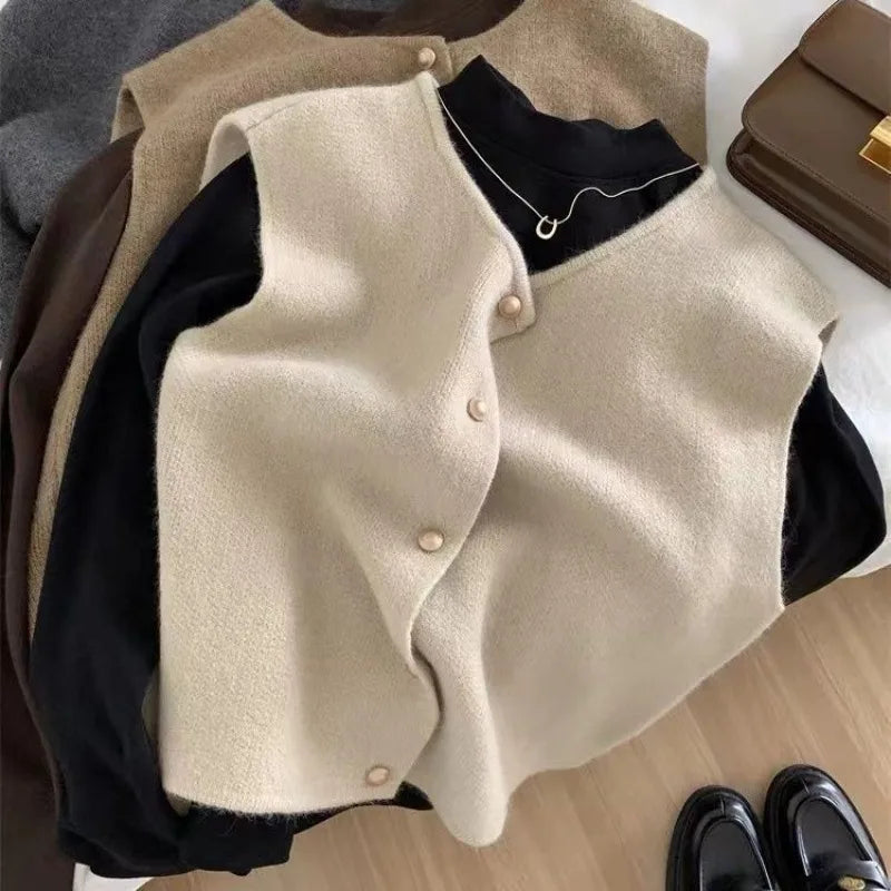 Crew Neck Women's Korean Solid Button Short Sleeve Cardigan Coats Sweater Knitted Sleeveless Ladies Elegant Tanks Bottoming - Matrix Studios