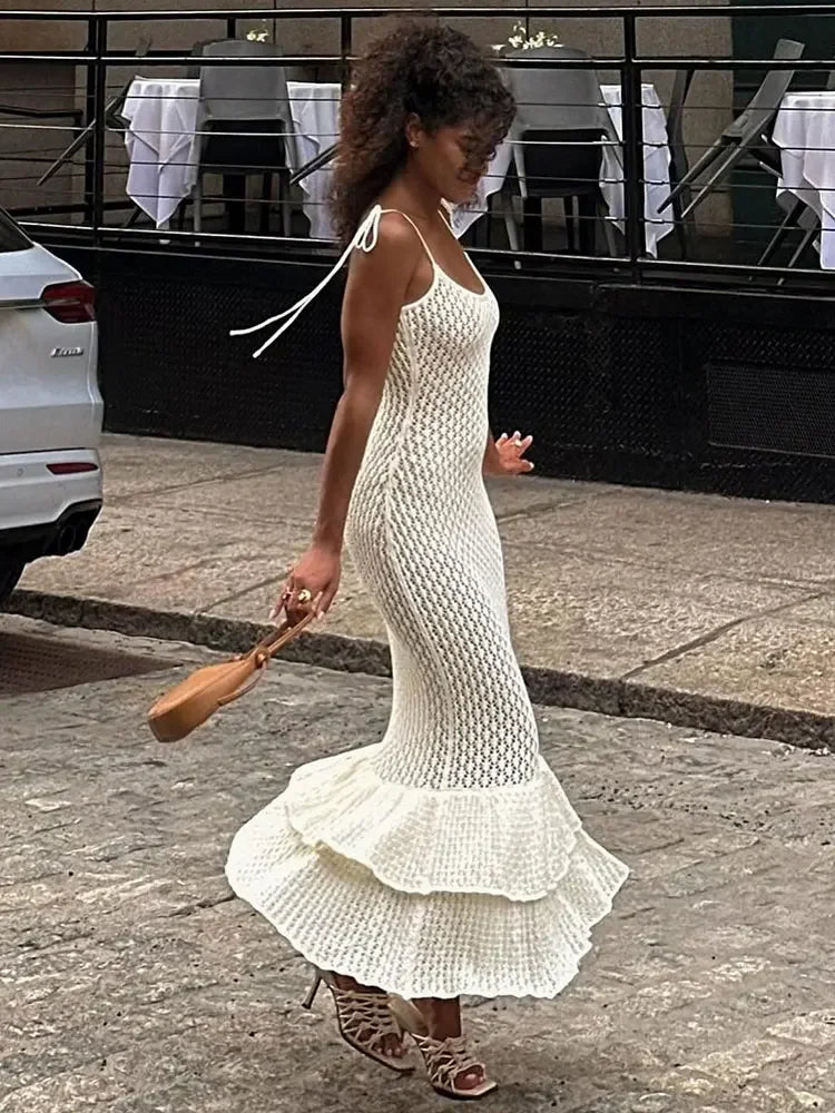 Sexy Spaghetti Ruffle Knit Beach Wrap Dress 2026 Summer Holiday Woman Swimsuits Swimwear Cover Up Chic Slim Party Outfits A2898 - Matrix Studios