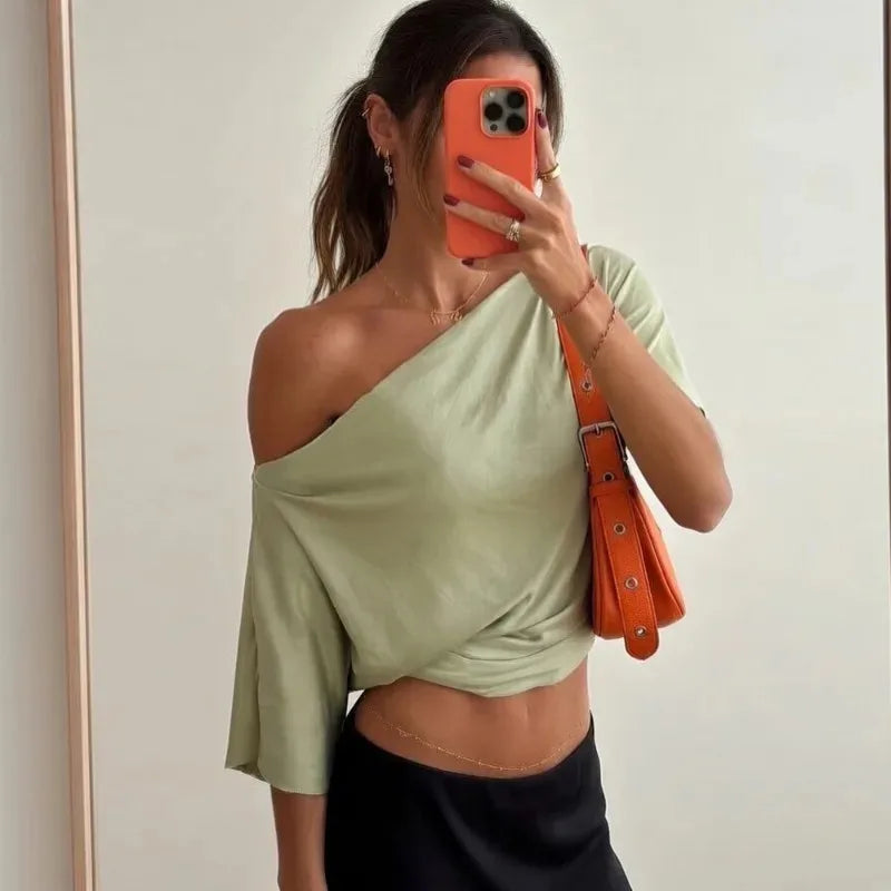 Talenza Summer One Shoulder Tops Fashion Slim Shrink Short Sleeve T-Shirts Sexy Party Y2k Streetwear Solid Pullover Tops Women - Matrix-studios.com