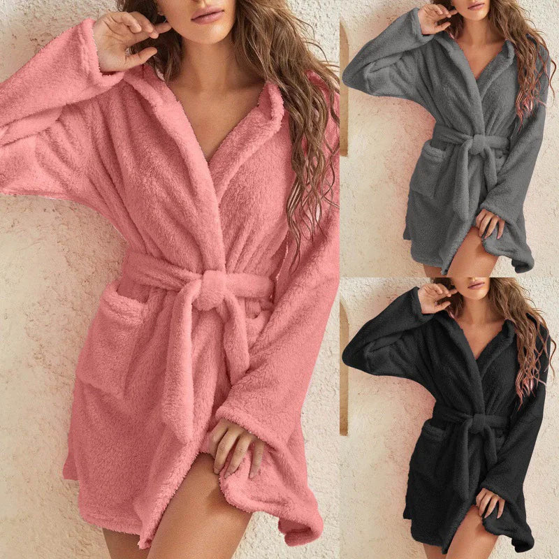 Autumn Winter Women Sexy Bath Robe Fluffy Plush Pyjamas Ladies Hooded Dressing Solid Color Gown Warm Bathrobe Female Loungewear - Matrix-studios.com