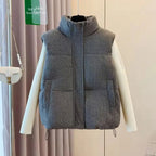 Autumn Winter Gray Cotton Vest Women Thick Warm Sleeveless Coat Outerwear 2025 New Chic Stand-up Collar Cotton Padded Waistcoat - Matrix Studios