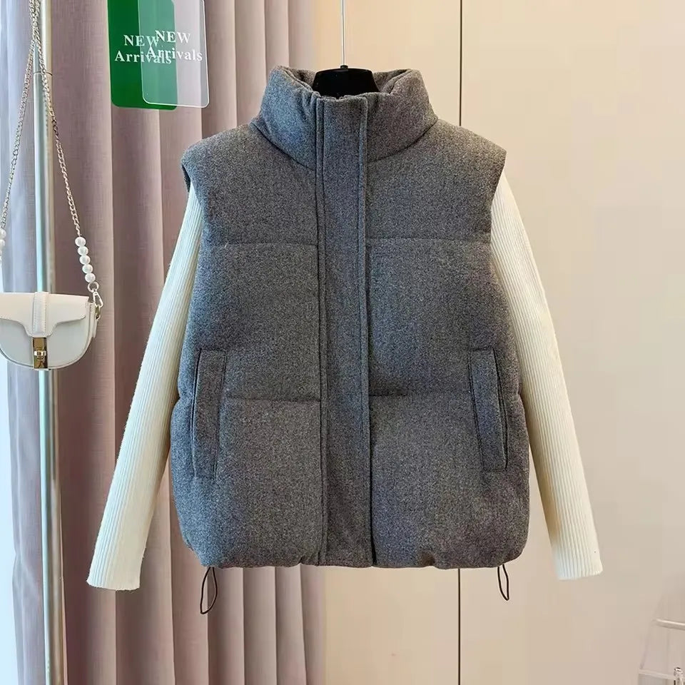 Autumn Winter Gray Cotton Vest Women Thick Warm Sleeveless Coat Outerwear 2025 New Chic Stand-up Collar Cotton Padded Waistcoat - Matrix Studios
