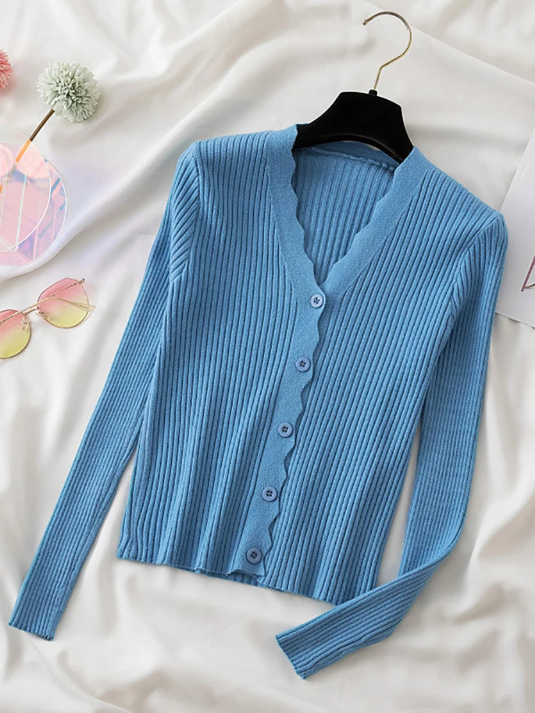 Sweater Knitted Cardigan Button Jacket 2023 Autumn Winter V-neck Long Sleeve Casual Tops For Women Sweater Green - Matrix Studios