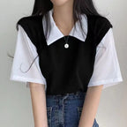 New Women Polo Shirt Summer Women Fake Two-Piece Color-Blocked Short Sleeve Loose Top Girls Casual Basic Shirt Adult Polo Shirt - Matrix-studios.com