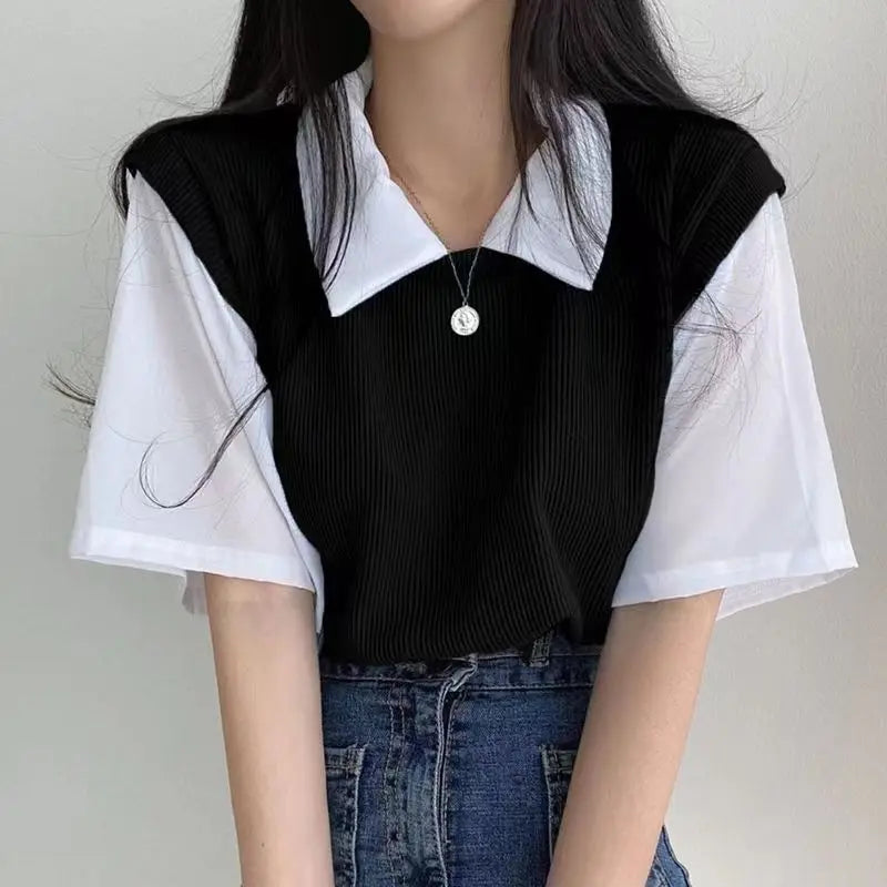 New Women Polo Shirt Summer Women Fake Two-Piece Color-Blocked Short Sleeve Loose Top Girls Casual Basic Shirt Adult Polo Shirt - Matrix-studios.com